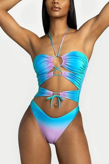 gradient 2 colors tie dye padded hollow halter-neck tied sexy one-piece swimwear