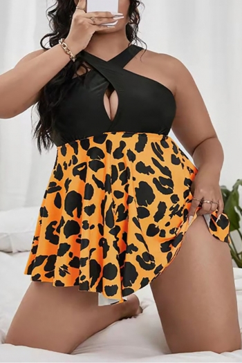 plus size two colors leopard stitching padded skirt hem stylish tankini sets