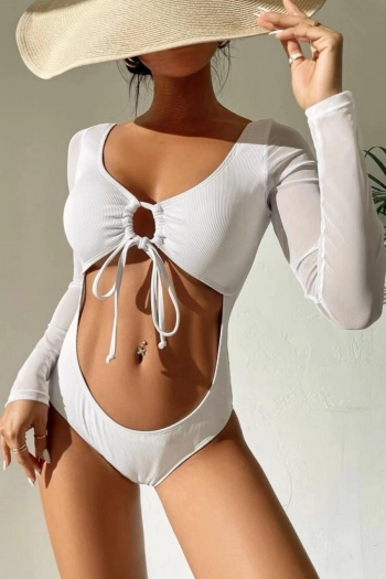 see through mesh spliced padded hollow tied long sleeve sexy one-piece swimwear