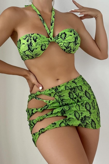 snake printing padded halter-neck tied hollow sexy three-piece swimsuit