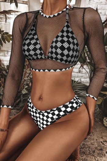 lattice printing padded halter-neck see through fishnet sexy 3 piece swimsuits