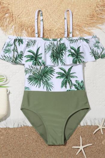 kids coconut tree printing contrast color padded ruffle cute one-piece swimsuit