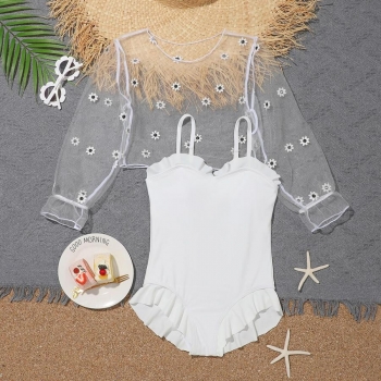 kids padded ruffle stylish one-piece swimsuit & flower embroidery mesh cover-ups