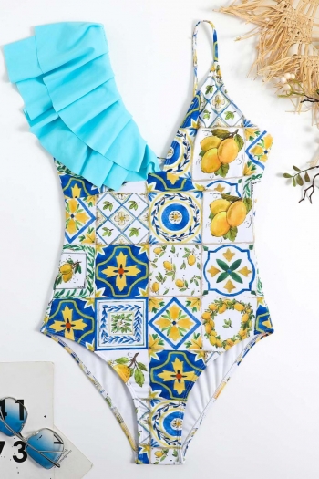 botanical plaid printing padded ruffle stylish one-piece swimsuit