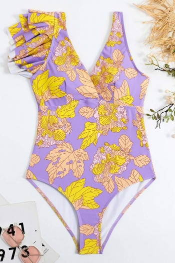 floral leaf printing padded ruffle sweet one-piece swimsuit
