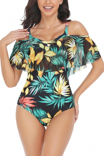 mom parent-child mesh spliced leaf printing padded sling one-piece swimsuit