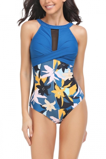 mom parent-child mesh spliced lily printing padded one-piece swimsuit