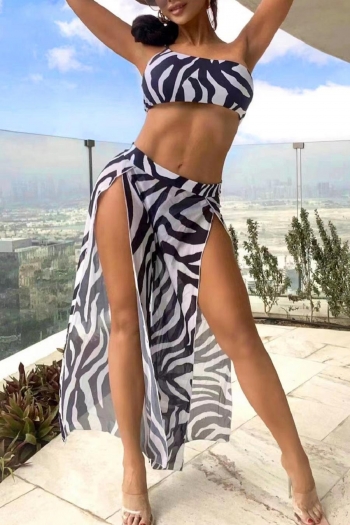 zebra stripe printing padded one shoulder high-slit sexy 3 piece swimsuits
