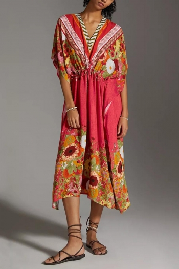 allover floral printing slight stretch v-neck tied bohemia beach dress cover-ups