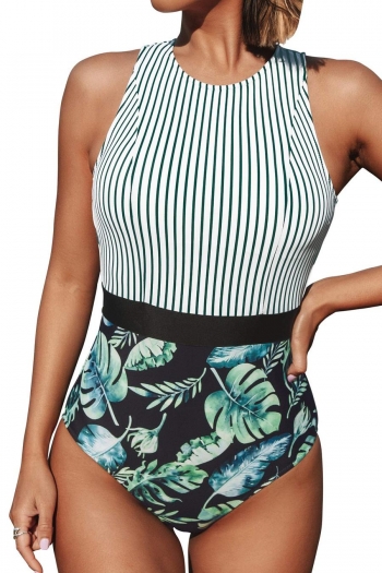 stripe and plant printing padded backless tied sexy one-piece swimsuit