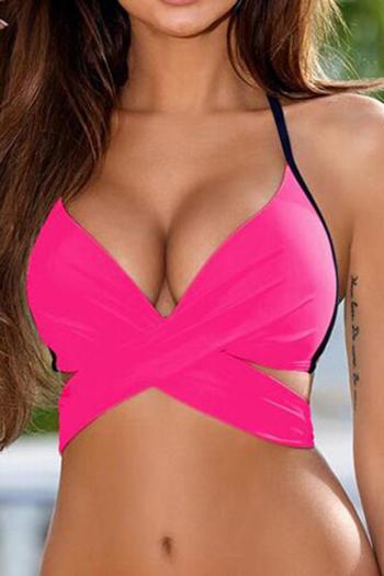 Sexy color-block non-removable padding halter-neck lace-up bikini top(only top)