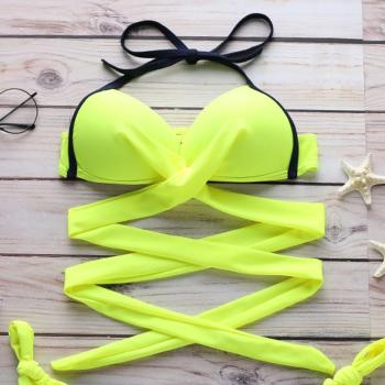 Sexy color-block non-removable padding halter-neck lace-up bikini top(only top)