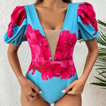 flower printing padded deep v mesh spliced sexy high quality one-piece swimsuit