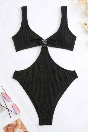 pure color textured padded metallic shell ring hollow sexy one-piece swimsuit