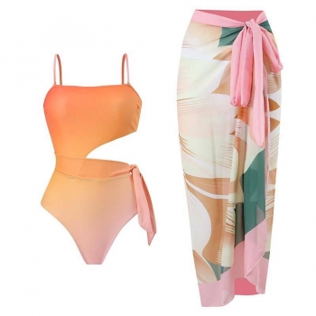gradient color padded one-piece swimsuit with tied skirt(skirt only one size)