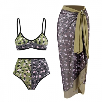 floral color block printing paddedt three-piece swimsuit (skirt only one szie)