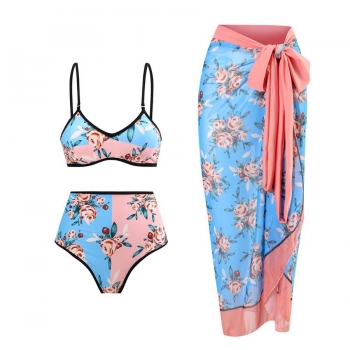 rose leaf printing padded retro three-piece swimsuit (skirt only one size)