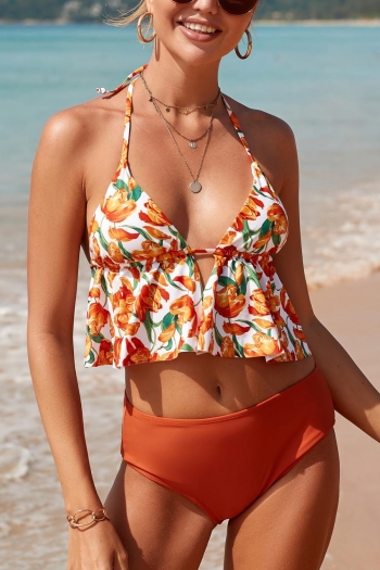 plus size floral printing padded halter-neck tied ruffle sexy tankini sets