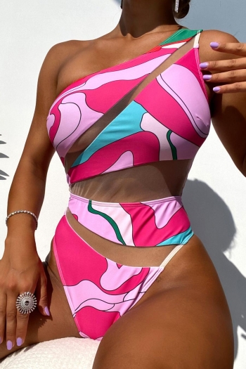 mesh stitching digital printing padded one shoulder sexy one-piece swimsuit