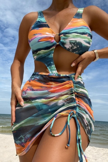 batch printing padded hollow sexy one-piece swimsuit with drawstring skirt