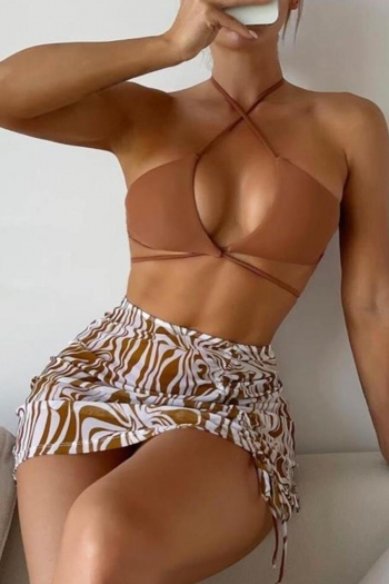 swirl printing padded halter drawstring sexy three-piece swimsuit