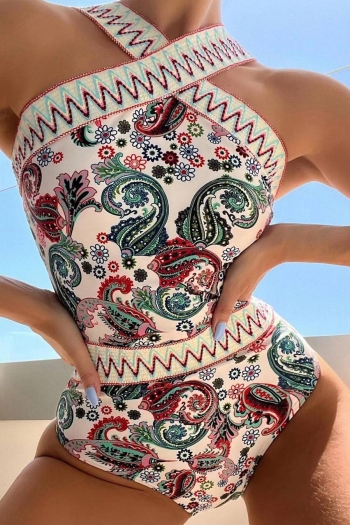 knitted spliced paisley floral printing padded padded retro one-piece swimsuit