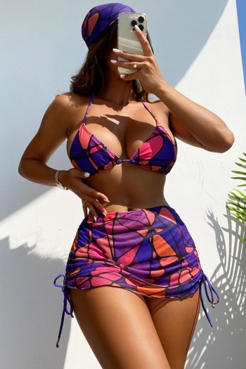 sexy batch printed padded halter-neck drawstring 3 piece swimsuits with hair tie