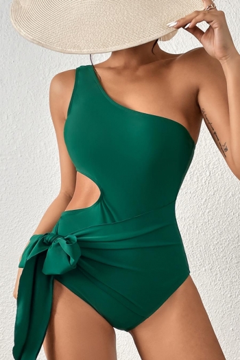 sexy pure color padded one shoulder hollow tied one-piece swimsuit
