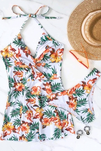 Sexy floral batch printing padded halter-neck lace-up dress style tankini sets