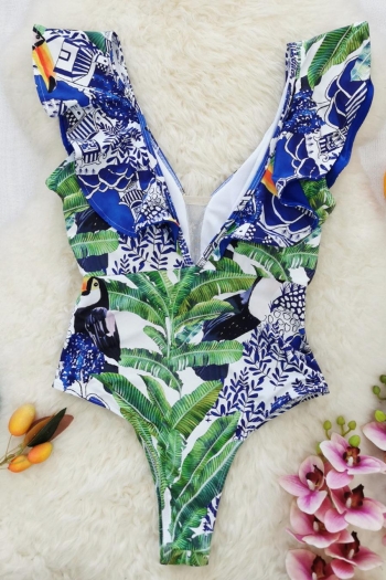 Sexy leaf printing mesh spliced padded deep v ruffle one-piece swimsuit