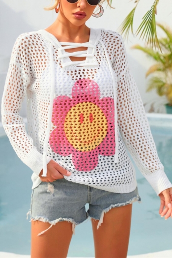 Sexy smile flower fixed printed cut out knitted hooded cover-ups(only cover-ups)