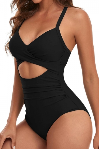 Sexy solid color crossed design padded hollow one-piece swimsuit