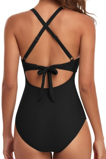 Sexy solid color crossed design padded hollow one-piece swimsuit