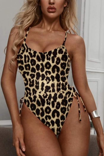 Sexy plus size leopard printing padded drawstring one-piece swimsuit