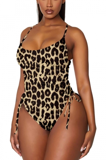 Sexy plus size leopard printing padded drawstring one-piece swimsuit