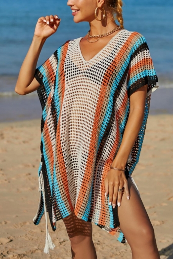 Sexy 2 colors stripe cut out knitted tassel beach cover-ups(only cover-ups)