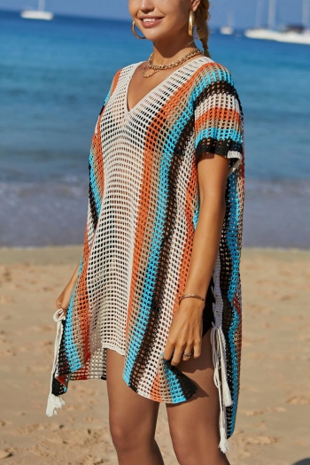 Sexy 2 colors stripe cut out knitted tassel beach cover-ups(only cover-ups)