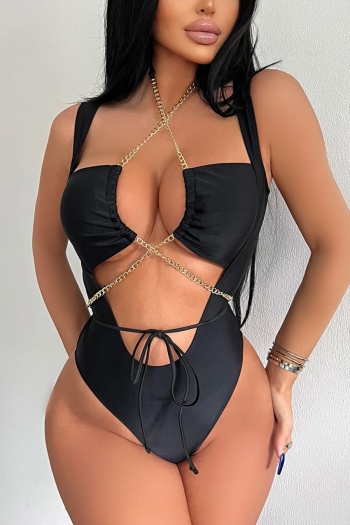 Sexy pure color padded hollow metallic-chain lace-up one-piece swimsuit