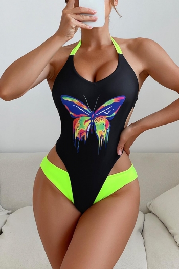 sexy butterfly fixed printed padded halter-neck lace-up one-piece swimsuit