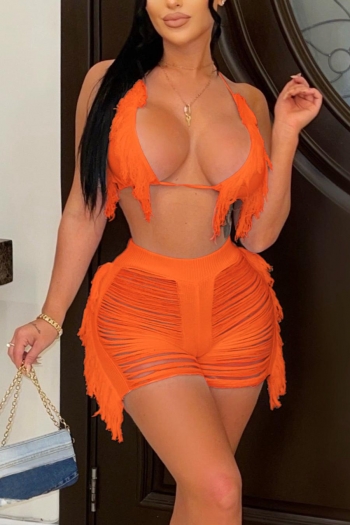 sexy 5 colors orange cut out knitted unpadded tassel shorts sets cover-ups