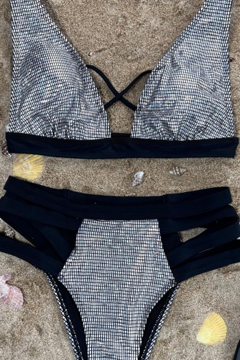 Sexy silver bronzing padded hollow sparkling bikini sets