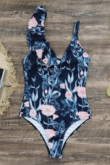 Sexy floral batch printed padded deep v ruffle backless sling one-piece swimsuit