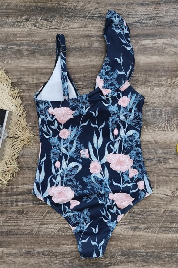 Sexy floral batch printed padded deep v ruffle backless sling one-piece swimsuit
