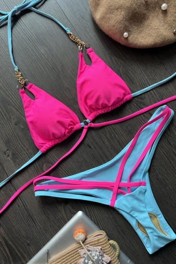 sexy slight stretch contrast color padded chain halter neck bikini sets