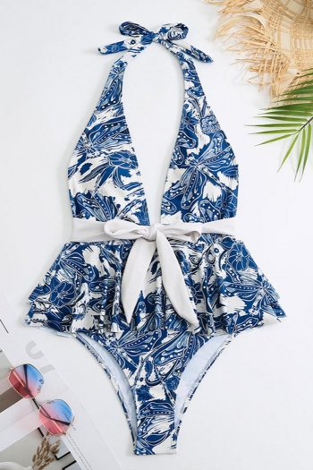 retro dragonfly printing padded halter ruffle bow-knot one-piece swimsuit