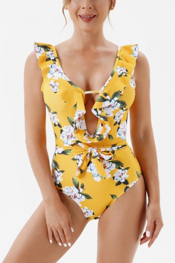 sexy plus size 2 colors floral print padded ruffle one-piece swimsuit with belt