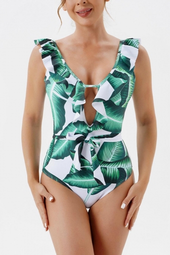 sexy plus size leaf batch printing padded ruffle one-piece swimsuit with belt