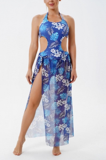 sexy floral batch printing padded one-piece swimsuit with mesh beach skirt