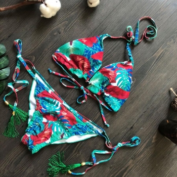 sexy slight stretch leaf printing halter neck padded backless bikini sets