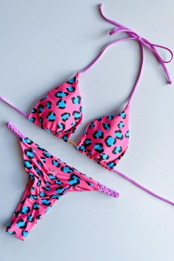 sexy slight stretch halter backless leopard batch printing padded bikini sets